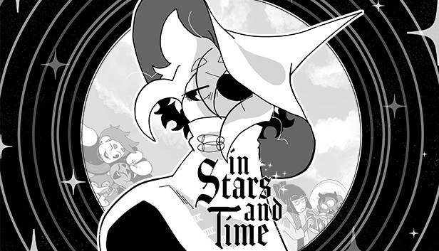An Image of Siffrin, looking forelorn to the side, he wears a cape that covers most of his body, and a large hat that somewhat resembles a classical witch hat. He also has an eyepatch covering his left eye. In the background are his party members, and in front of him is the title, In Stars And Time. It is entirely in black and white.